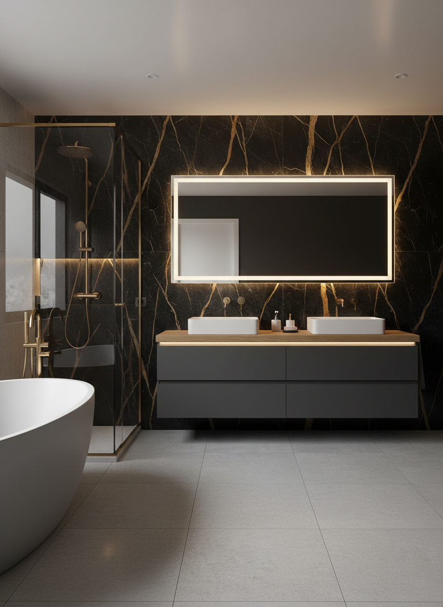 Modern bathroom with black marble wall including gold veining, a double vanity with two vessel sinks, a backlit mirror, a standalone bathtub, and a walk-in shower with glass doors.