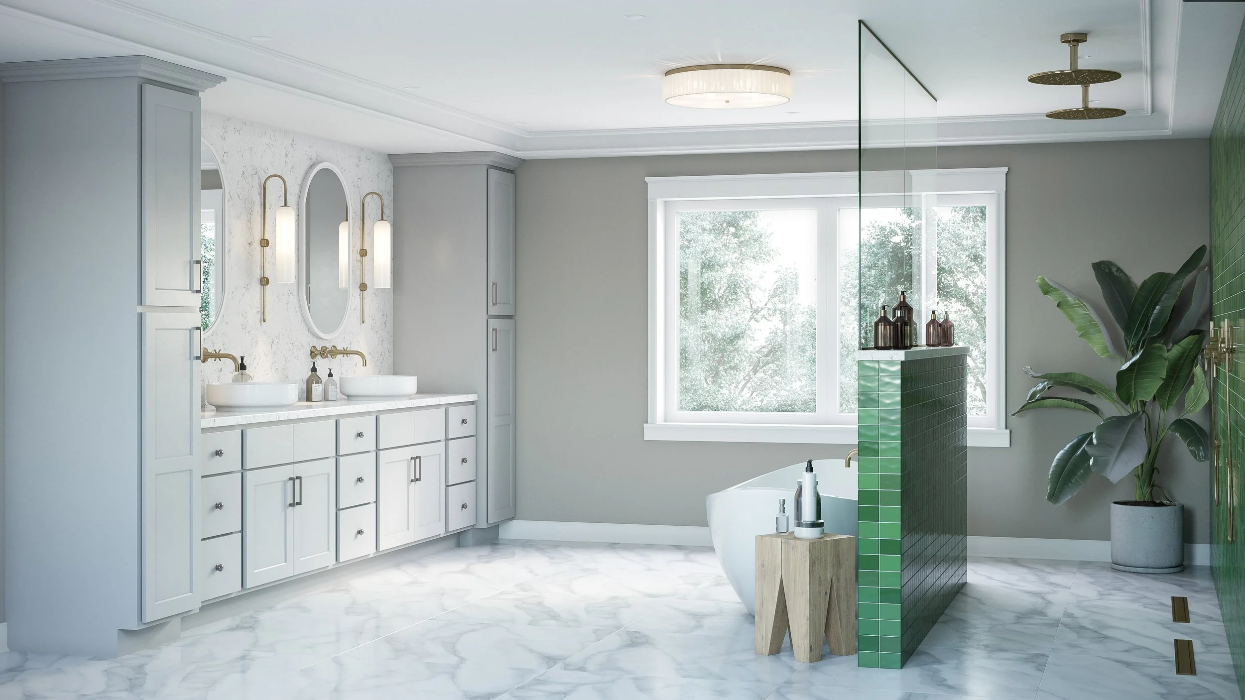 Modern bathroom with double vanity, white countertops, oval mirrors, two vessel sinks, wall-mounted lighting, large window, green tiled partition, bathtub, potted plant, marble floor, and ceiling light fixture.