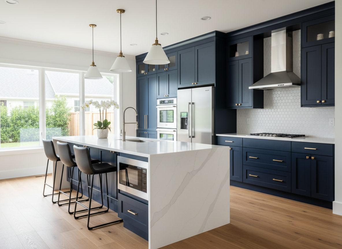 Modern kitchen with navy cabinets, white quartz island, stainless steel appliances, and natural light from large windows.