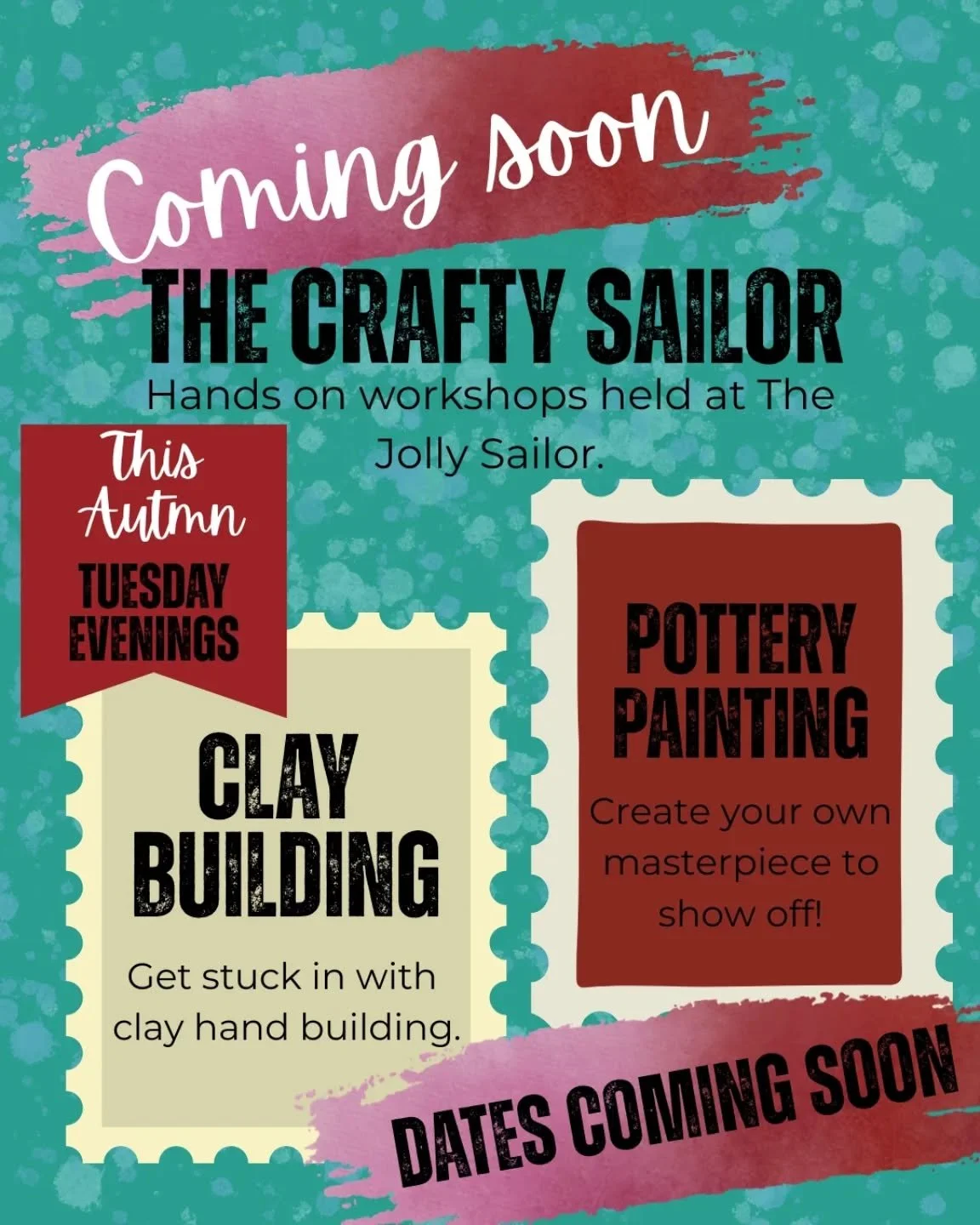 INTRODUCING....

🍷THE CRAFTY SAILOR 🖌️

-We have the wonderful Becky from @rebeccarose_ceramics hosting hand building clay workshops. A full hands on event where you will create your very own clay masterpiece that will be fired and glazed for you. 