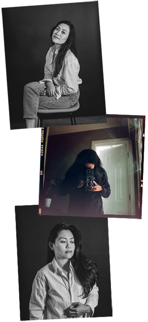 Three women, two in black and white photos and one in a color photo, are indoors. The top woman has long hair and is sitting on a bench, looking at the camera. The middle woman is taking a photo of herself in a mirror with a camera, her face obscured. The bottom woman has long dark hair, wearing a white shirt, and is looking slightly to the side.