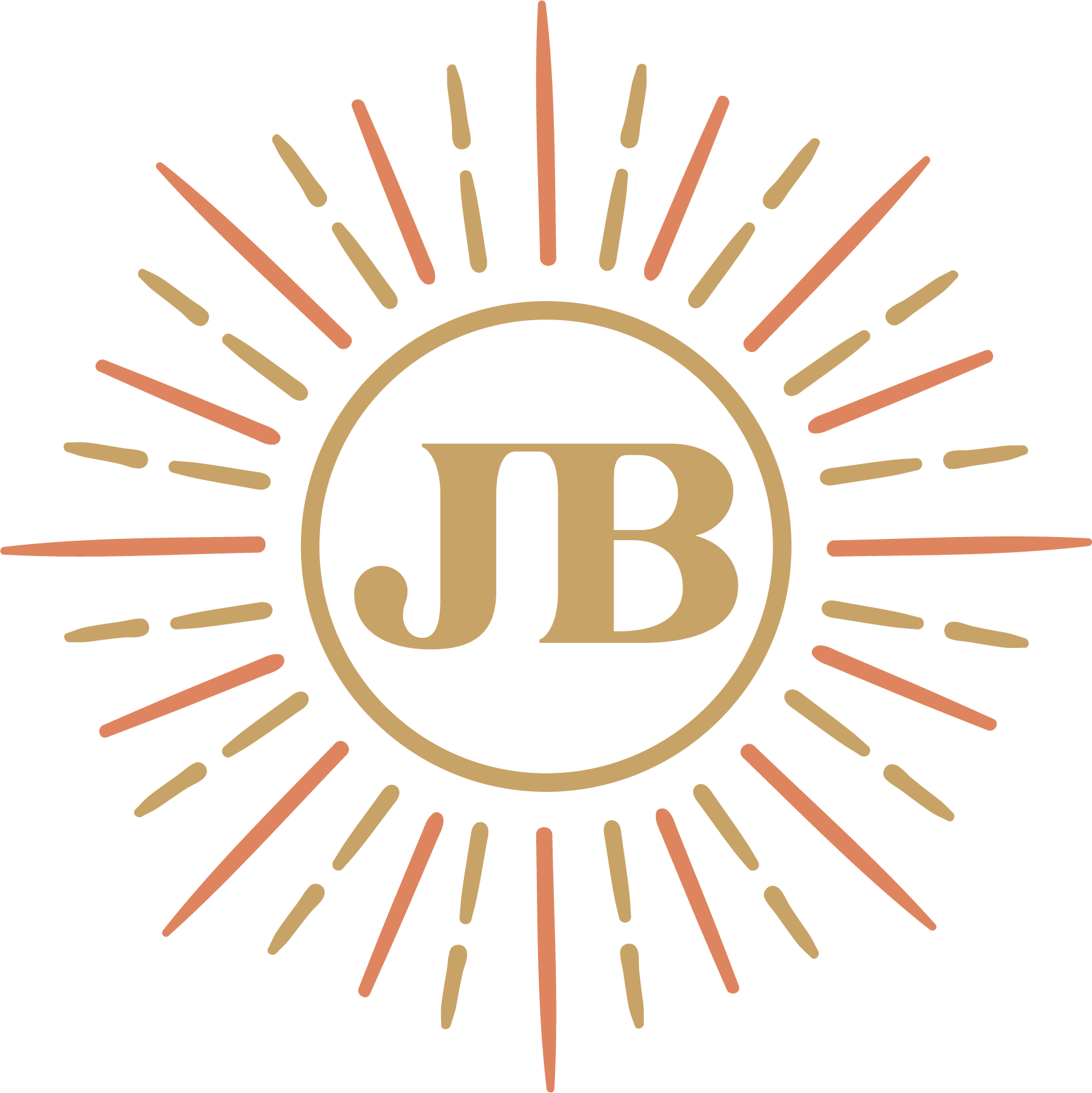 Gold-colored circle with the letters J B in the center, surrounded by radiating lines in shades of orange and gold on a black background.
