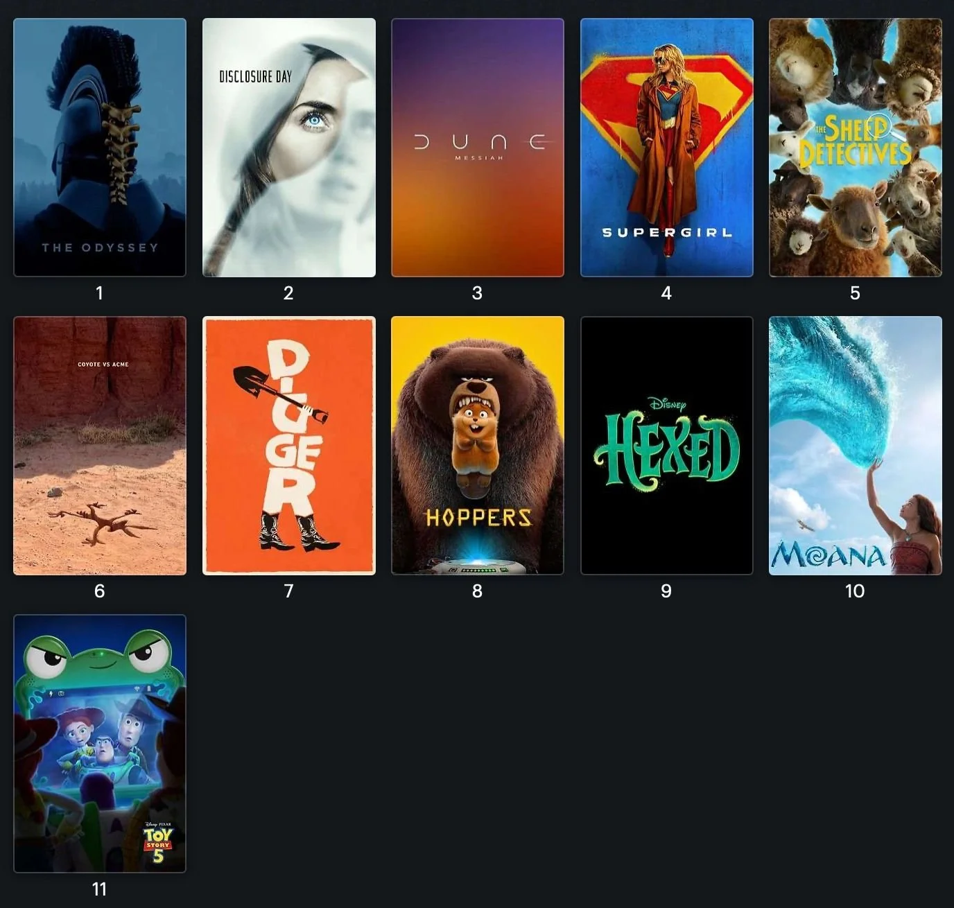 A screenshot of a movie compilation featuring various titles including "Disclosure," "Dune Part Three," "Sheep Detectives," "Supergirl," and "Moana." The image includes a collage layout with multiple text elements arranged in a graphic design format.