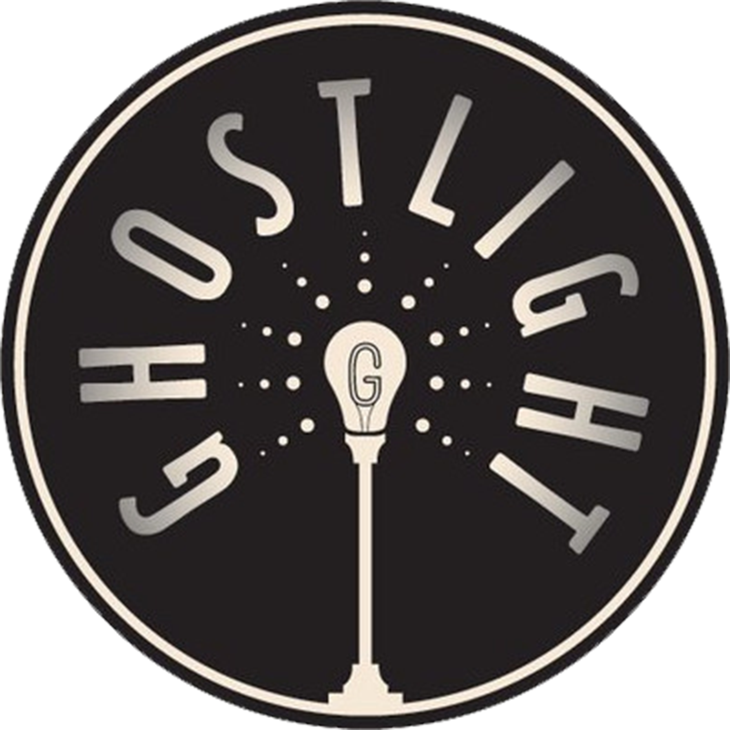 A round circle with a black background and white dots with the text 'GHOSTLIGHT' and a light bulb in the middle.