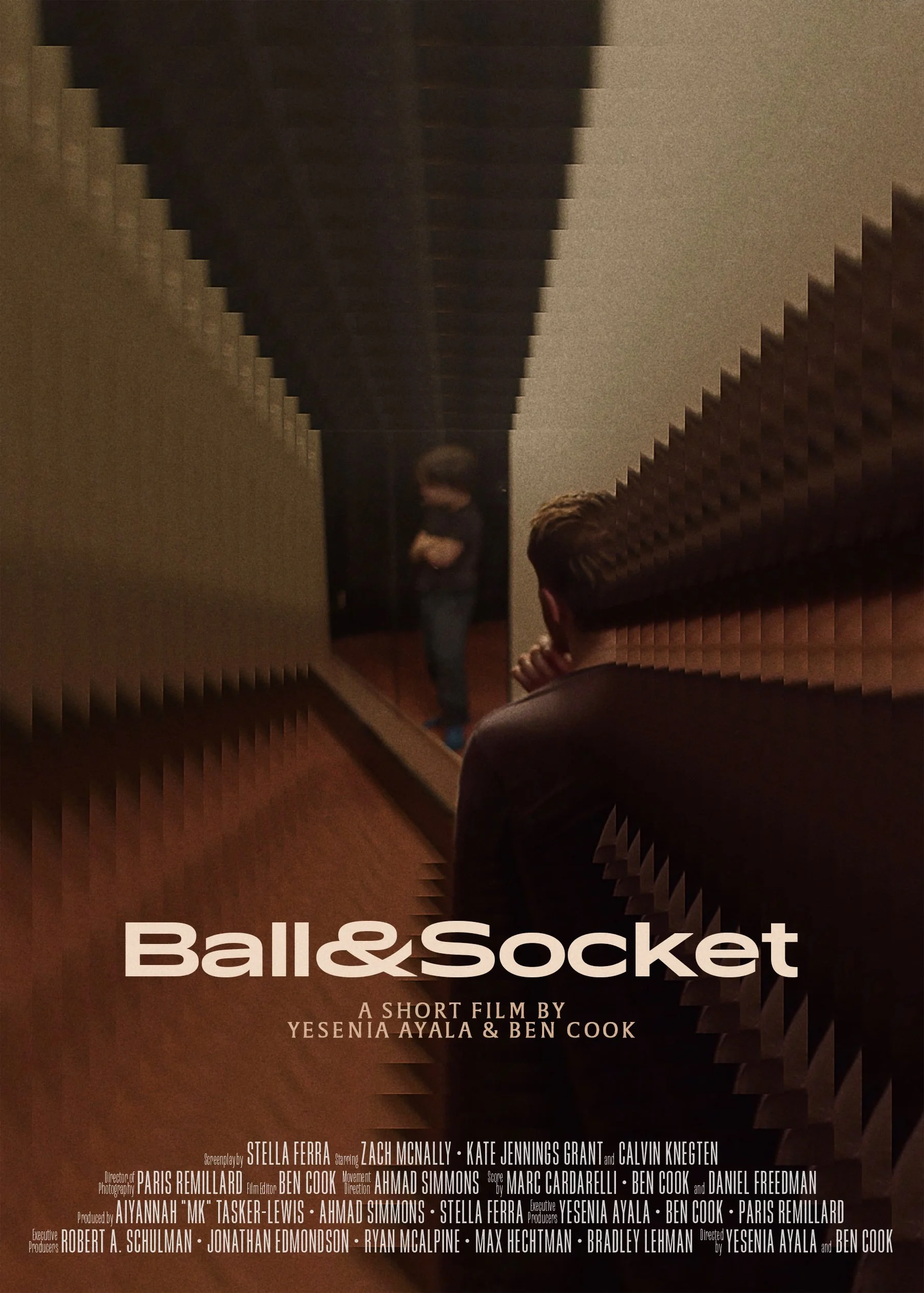 Film poster for “Ball & Socket,” showing a person facing a figure in a dark mirrored hallway, with geometric shadows and warm brown tones.