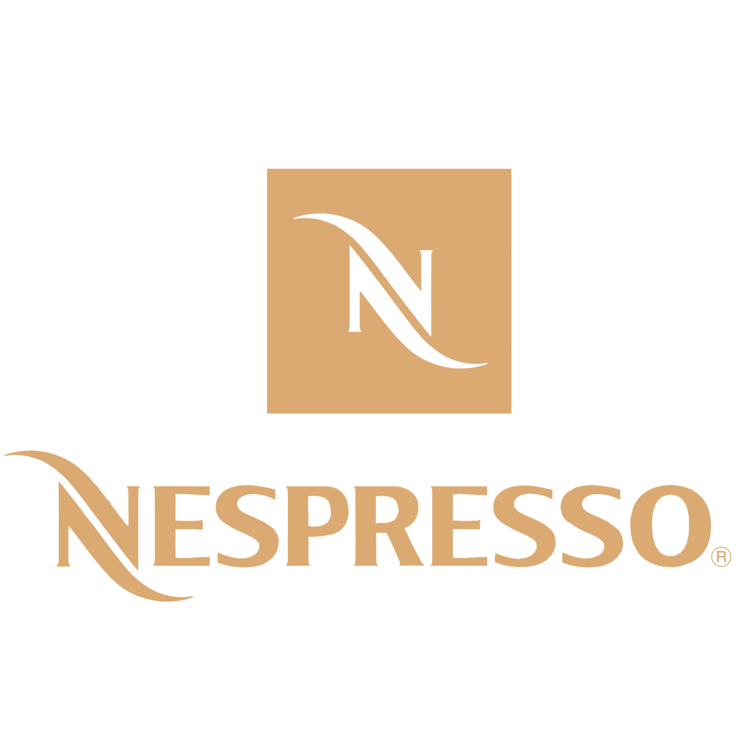 Nespresso logo on a black background. Features a stylized "N" in a tan square above the word "Nespresso" in elegant tan typography.