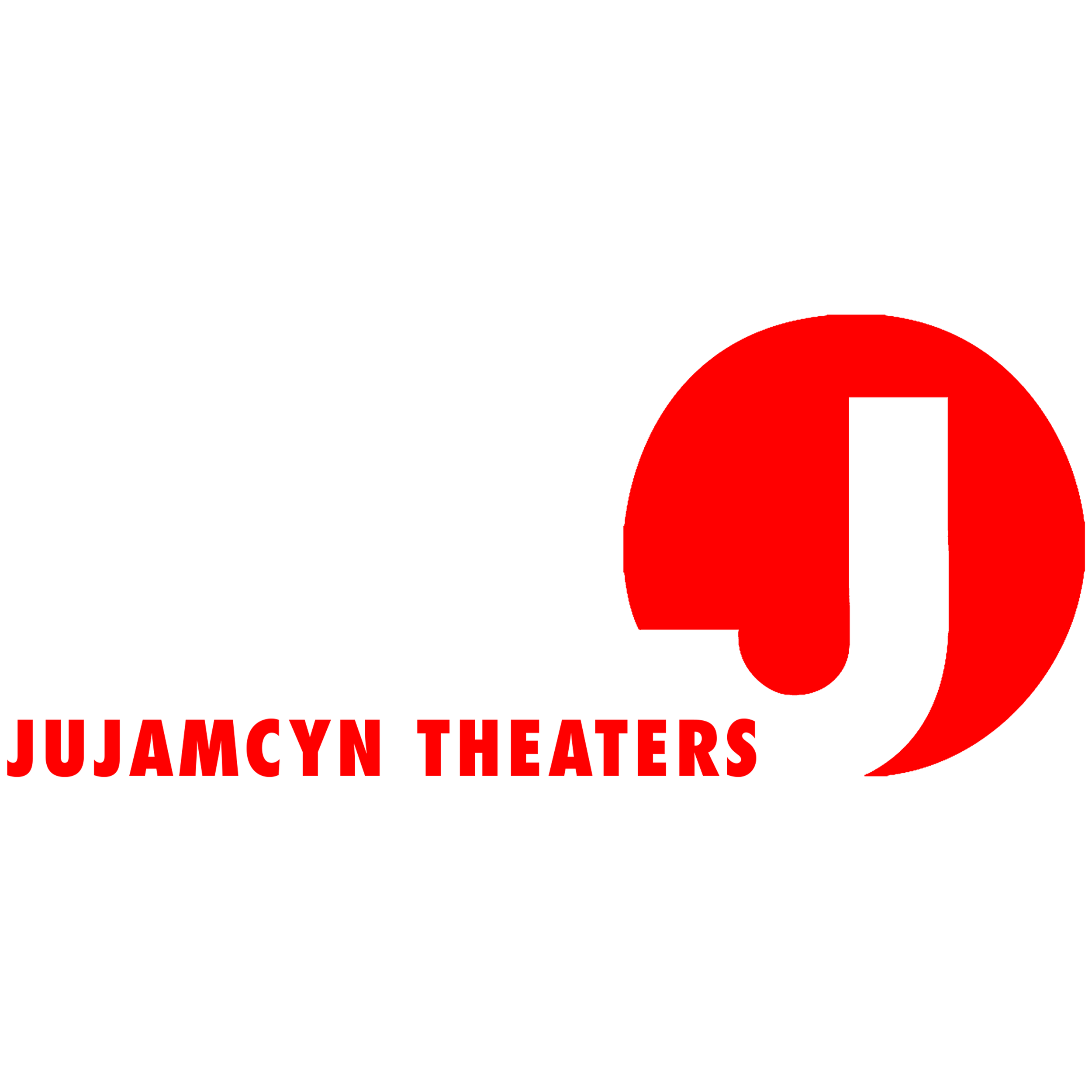 A bold red "J" inside a red circle on a black background, accompanied by "Jujamcyn Theaters" in uppercase red letters, conveying a theatrical theme.