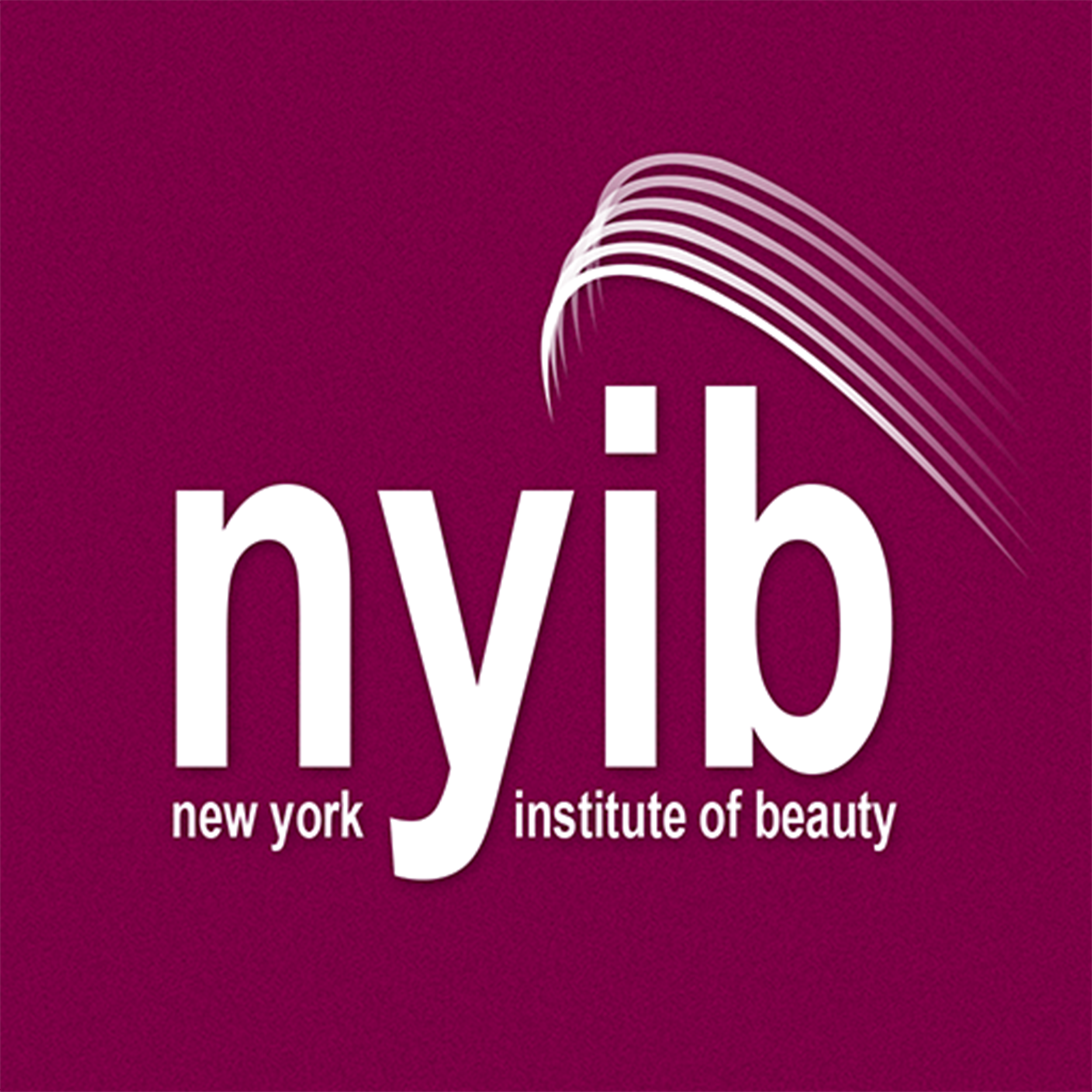 Logo with 'nyib' text in bold white on a maroon background, with a swoosh resembling a strand of hair above. Below reads 'new york institute of beauty.'