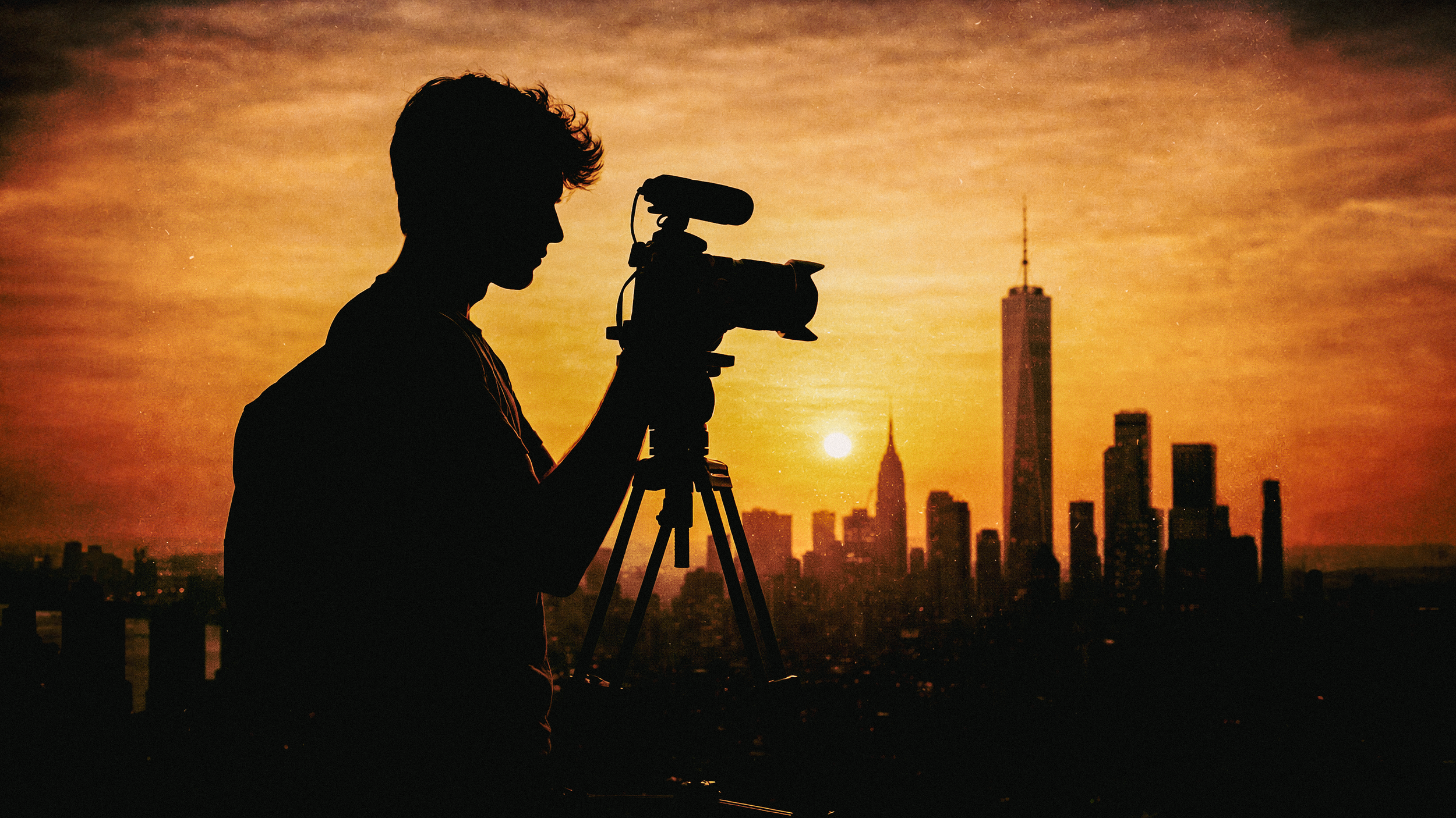 Silhouette of a person filming with a camera on a tripod against a vibrant orange sunset. The New York City skyline is visible in the background.