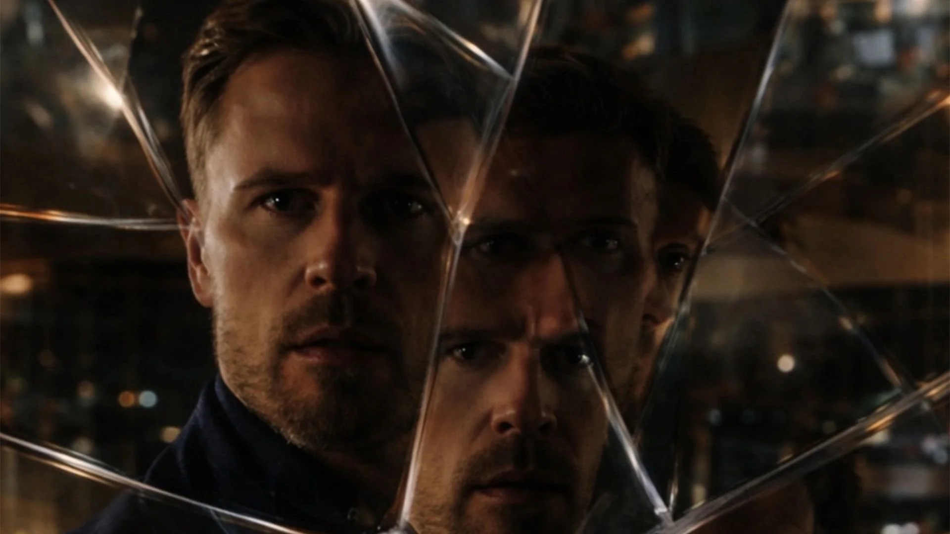 Close-up of a man with reflections of his face on the reflective surface, dark background, nighttime setting