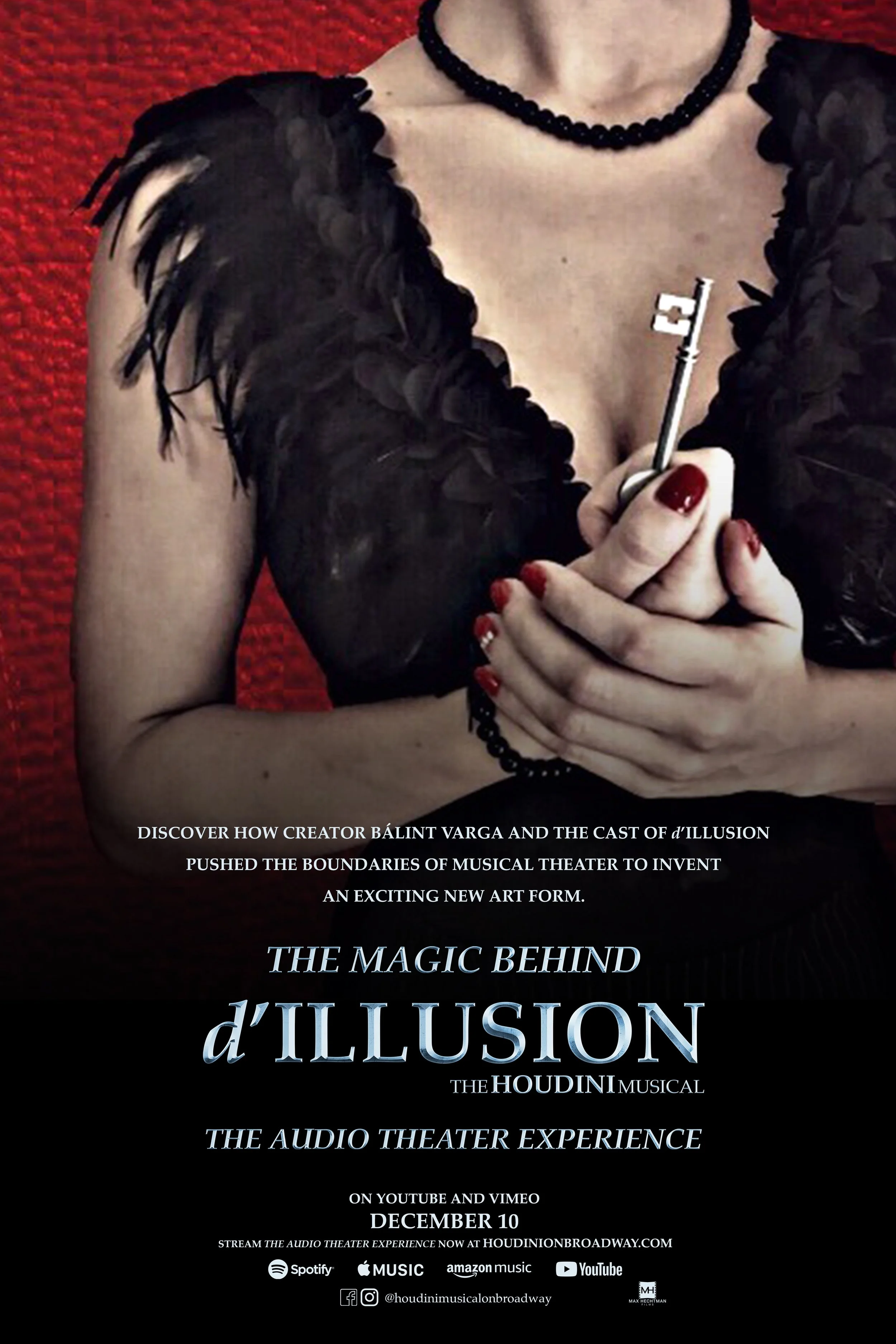 A woman in a black feathered top holds a vintage key against a textured red background, promoting the audio theater experience of d'ILLUSION.