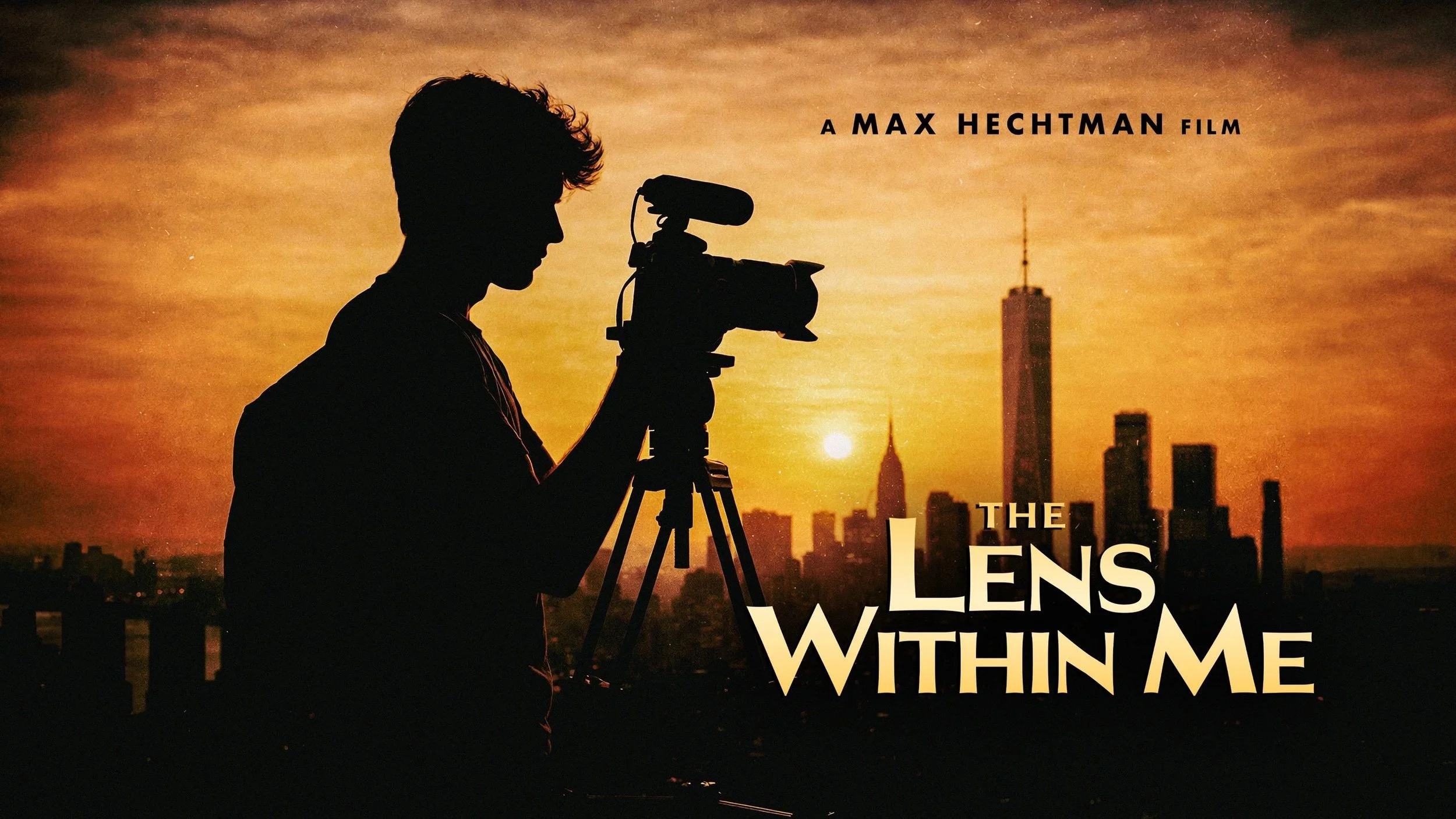 Silhouette of a person filming with a camera on a tripod against a vibrant orange sunset. The New York City skyline is visible in the background, alongside the text 'THE LENS WITHIN ME.'