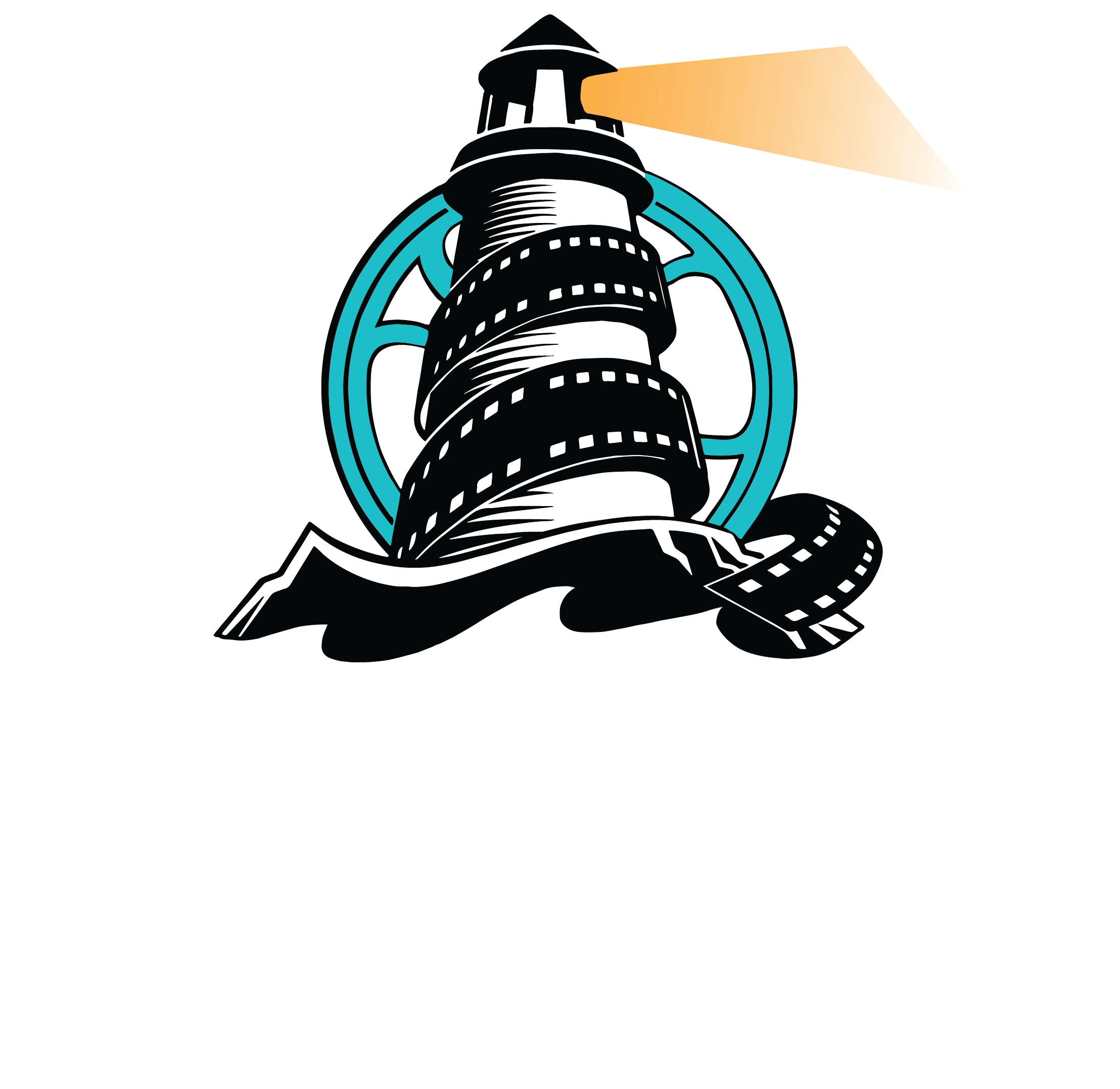 Logo of a lighthouse wrapped in a film strip, shining a light beam, with a teal film reel in the background.