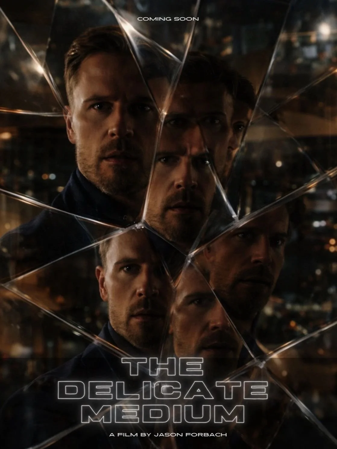 Close-up of a man with reflections of his face on the reflective surface, dark background, nighttime setting, text reads 'THE DELICATE MEDIUM'.