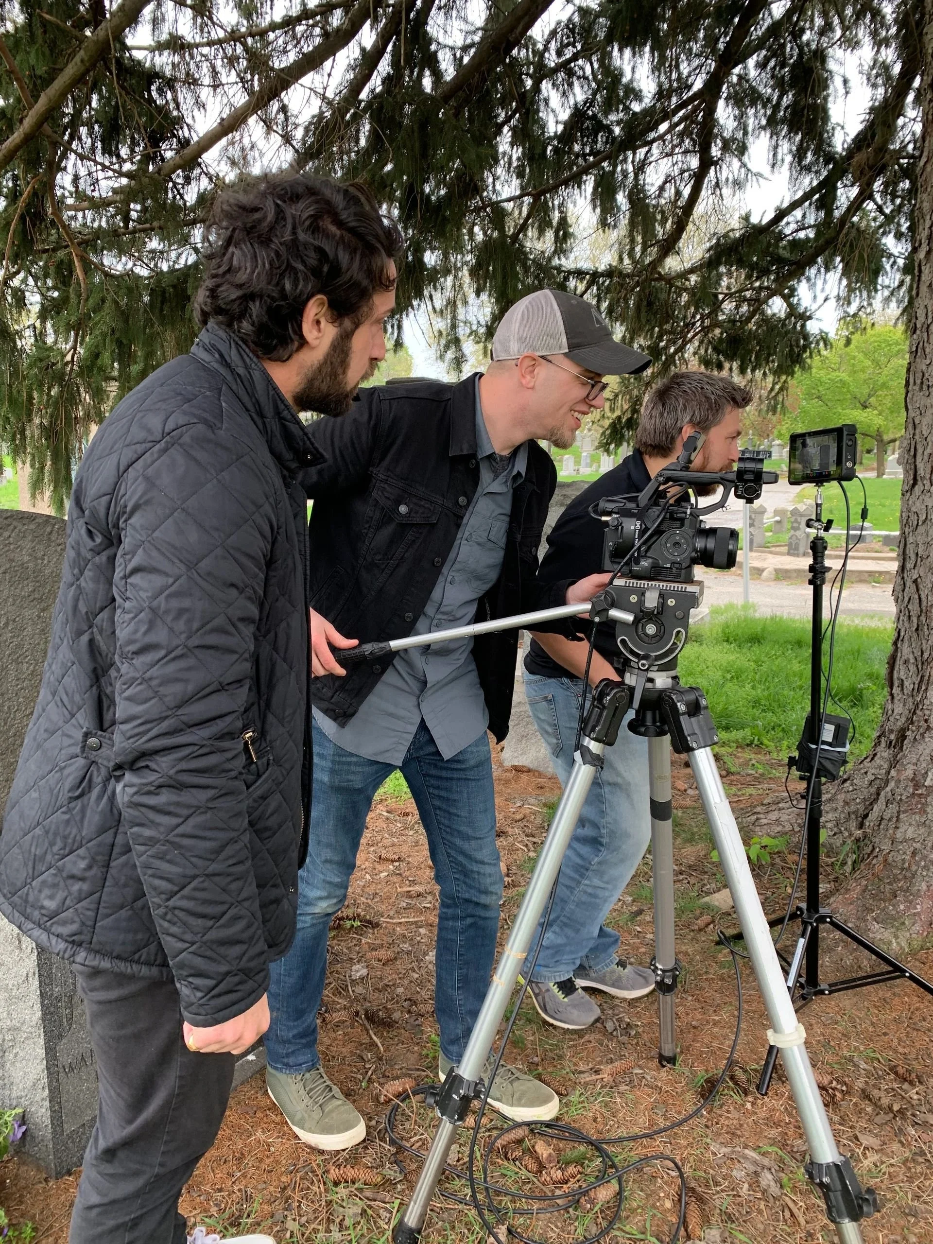 Co-director of photography Joe DeFelice, assistant director of photography Alberto Innella and Christonikos Tsalikis set up a shot for the cemetery scene.