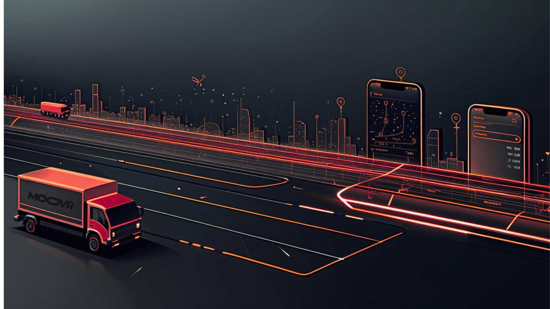 A digital illustration of a futuristic cityscape with traffic, including a red delivery truck labeled 'MOOVR', alongside smartphones displaying navigation maps and data overlays, all depicted in neon lights and dark tones.