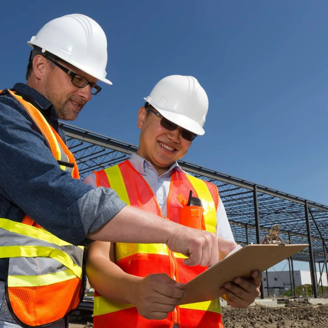 Two construction workers wearing safety helmets and reflective vests, reviewing a clipboard at a construction site under a clear blue sky.