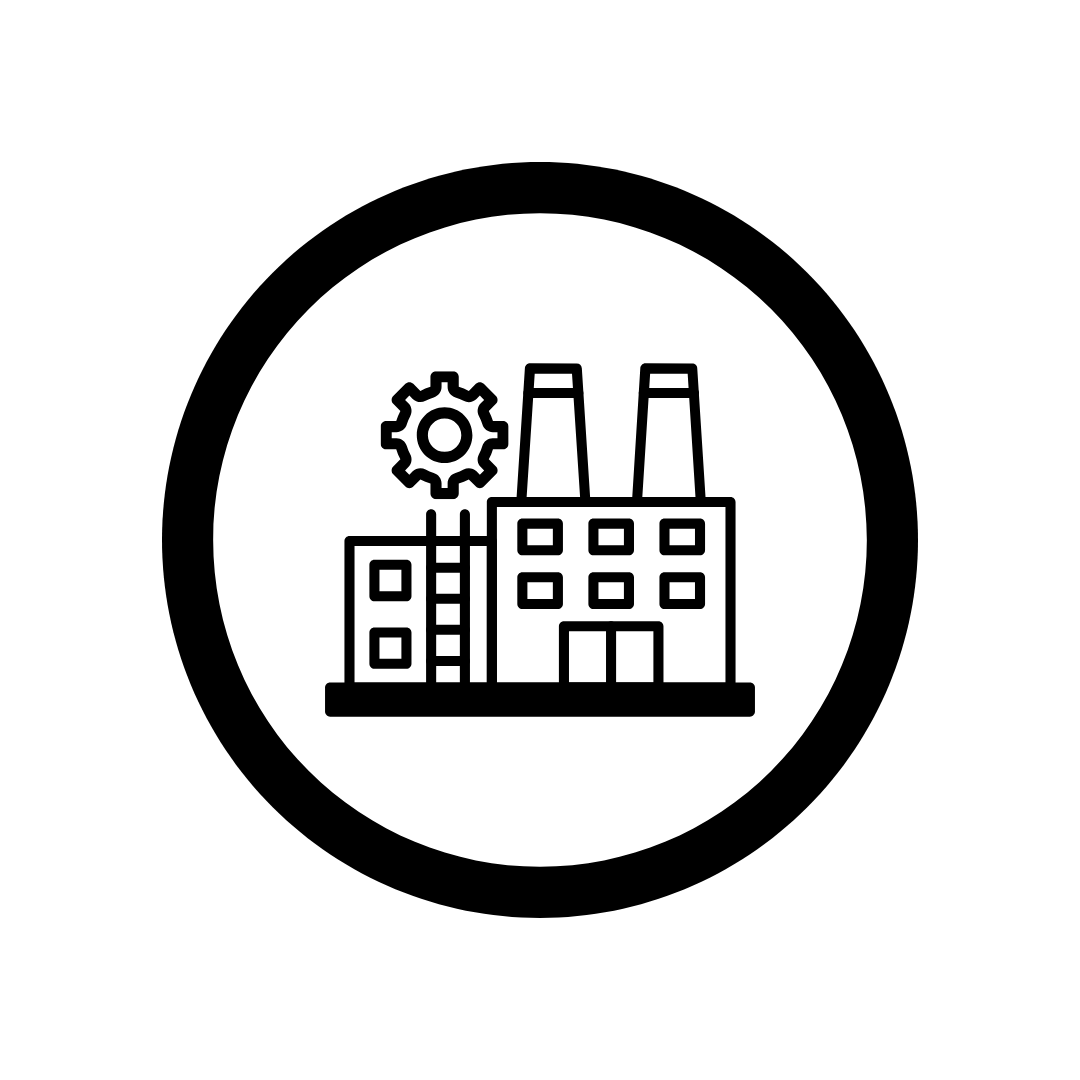 Line drawing of a factory with two smokestacks, a gear symbol, and a ladder, enclosed in a circle.