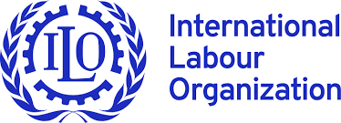 Logo of the International Labour Organization featuring a gear and laurel wreath design with the organization's initials