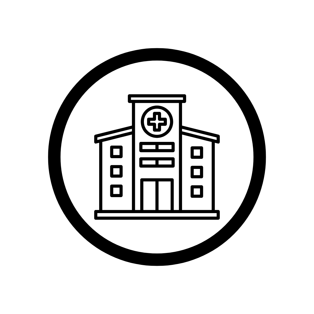Line drawing of a hospital building with a cross symbol on the front, framed in a black circle.
