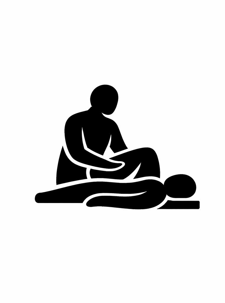 Silhouette of a person receiving a massage from a massage therapist, lying face down on a massage table.