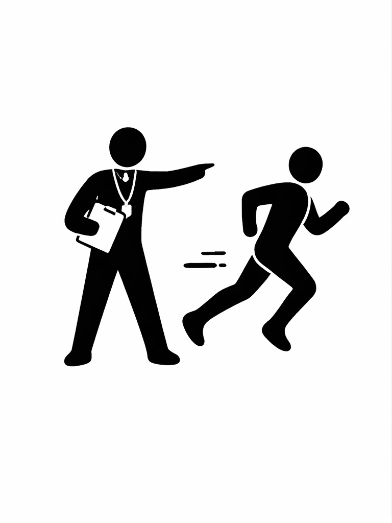 Silhouette of a person in business attire with a clipboard and whistle, pointing while another person is running away.