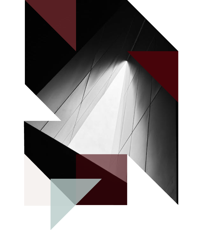 Abstract geometric art with black, white, gray, and dark red shapes and lines.