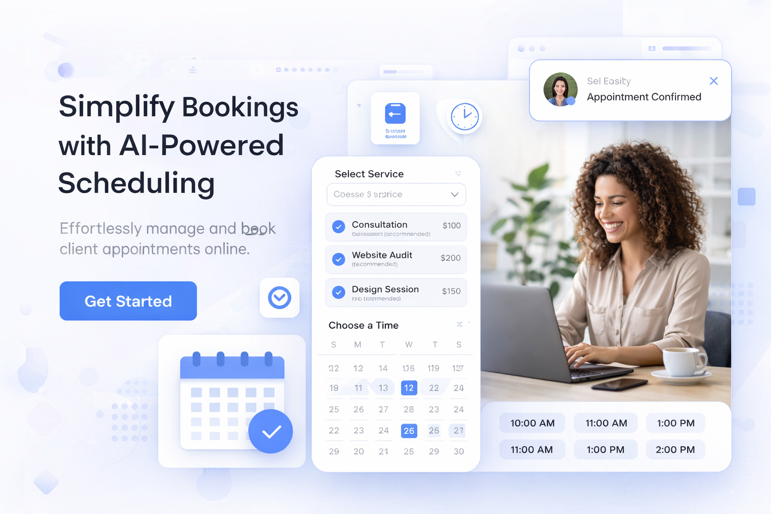 A woman smiling at a laptop computer with a coffee cup and smartphone on a desk, with a background of a bright office space.