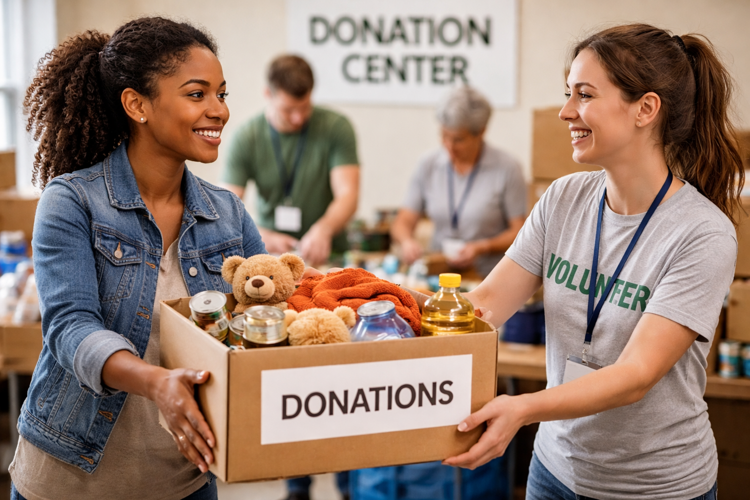 Two women exchanging a donation box at a donation center, smiling and wearing volunteer badges, with others in the background.