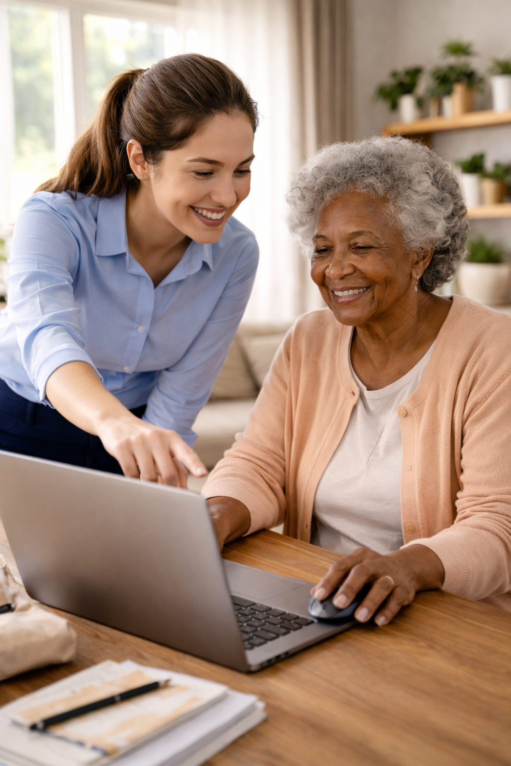 A young woman and an older woman looking at a laptop together, smiling in a cozy indoor setting.