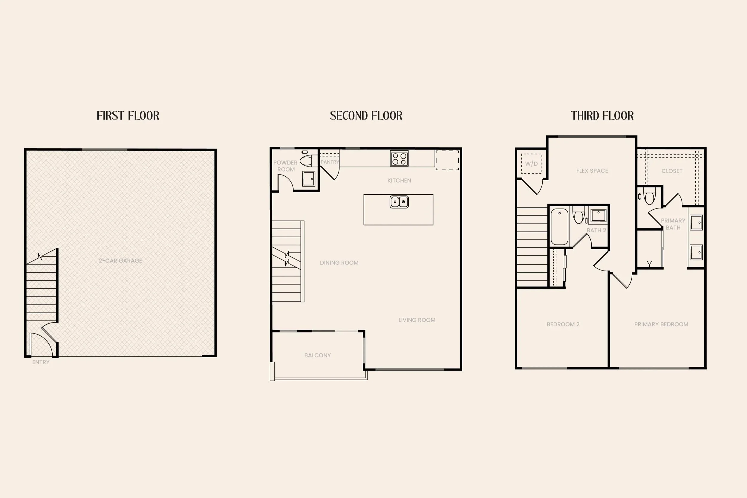 Floor plan of a three-story house showing the entry, garage, living room, balcony, kitchen, dining room, bedrooms, bathrooms, and flex space.