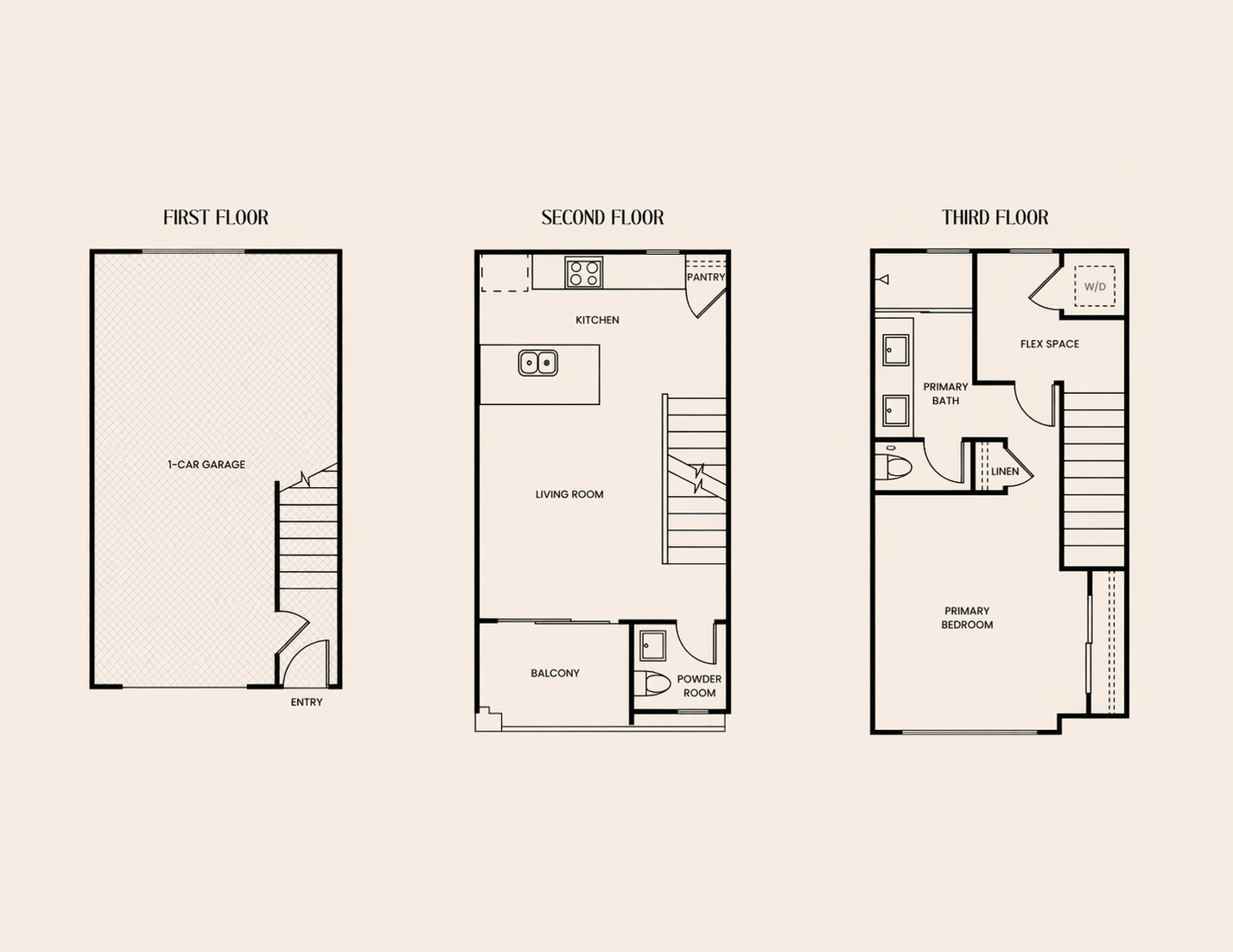 Floor plan of a multi-story house showing the first floor with a 1-car garage and entry, the second floor with a kitchen, living room, balcony, and powder room, and the third floor with a primary bedroom, bathroom, laundry area, and flex space.