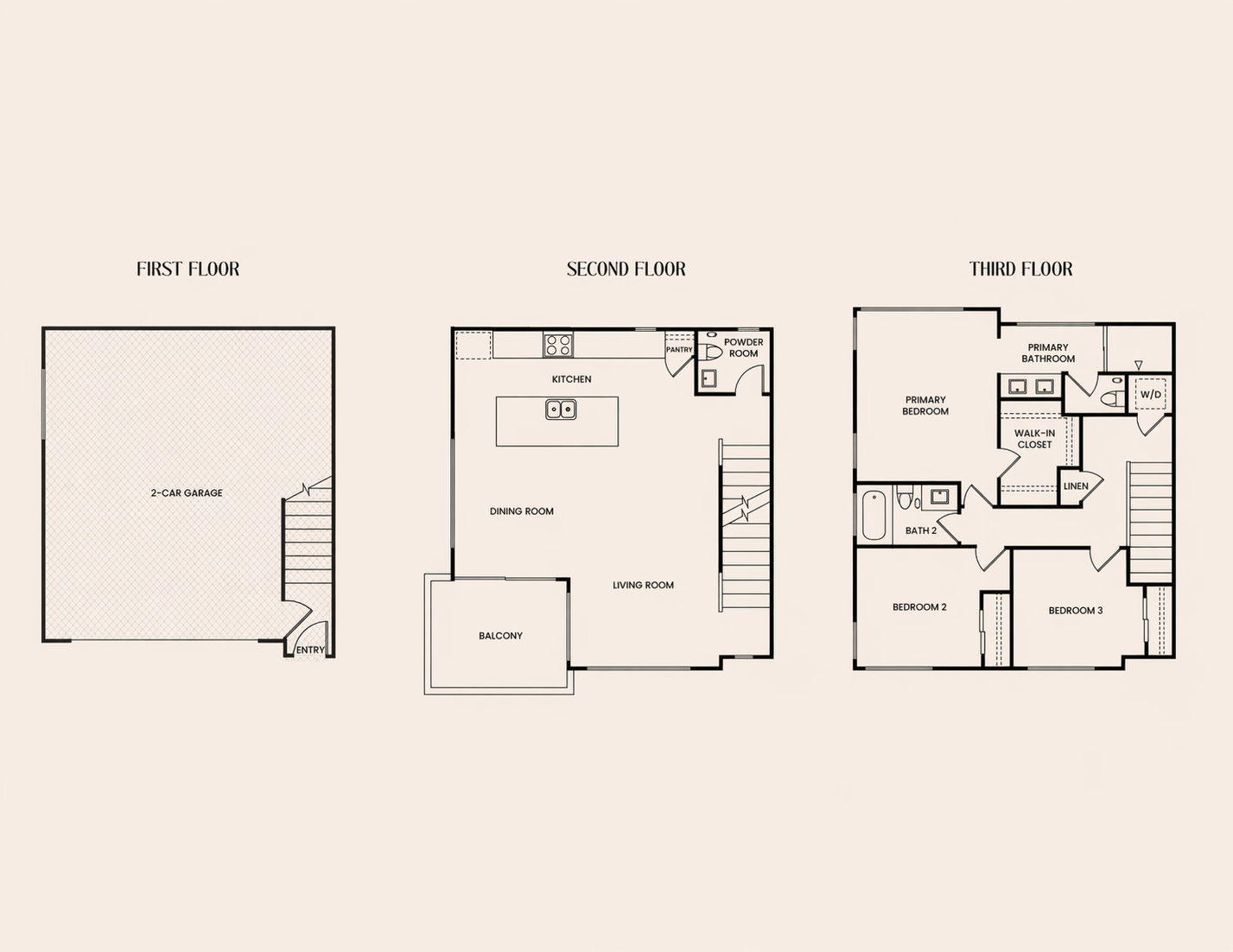 Floor plan showing a three-story house with labeled rooms including garage, kitchen, dining room, living room, bedrooms, bathrooms, walk-in closet, laundry area, and balconies.