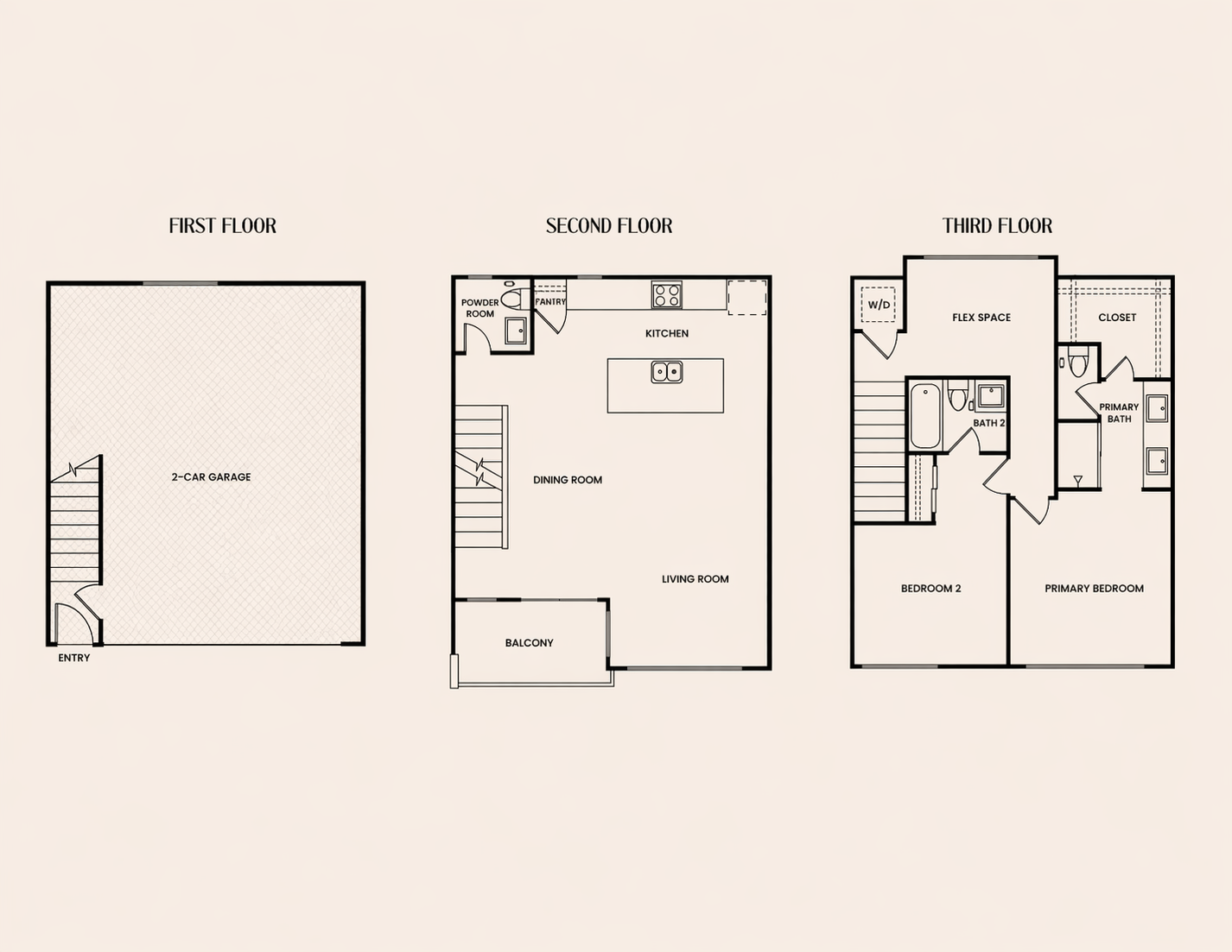 Floor plan of a three-story house showing the entry, garage, living room, balcony, kitchen, dining room, bedrooms, bathrooms, and flex space.