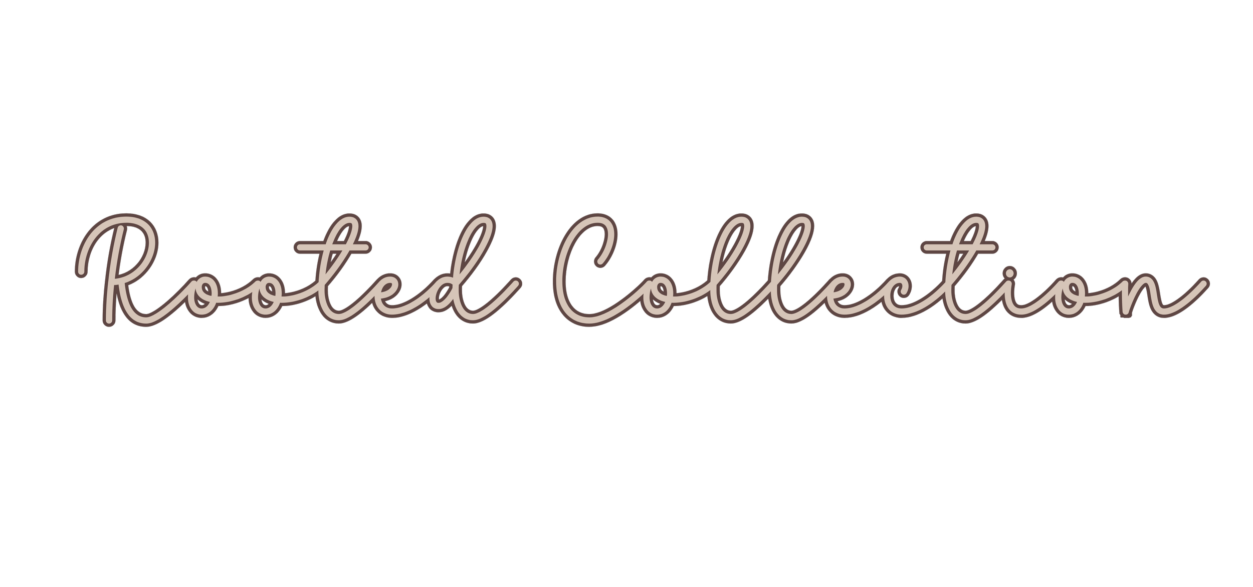 Neon-style sign that reads 'Rooted Collection' on a black background.