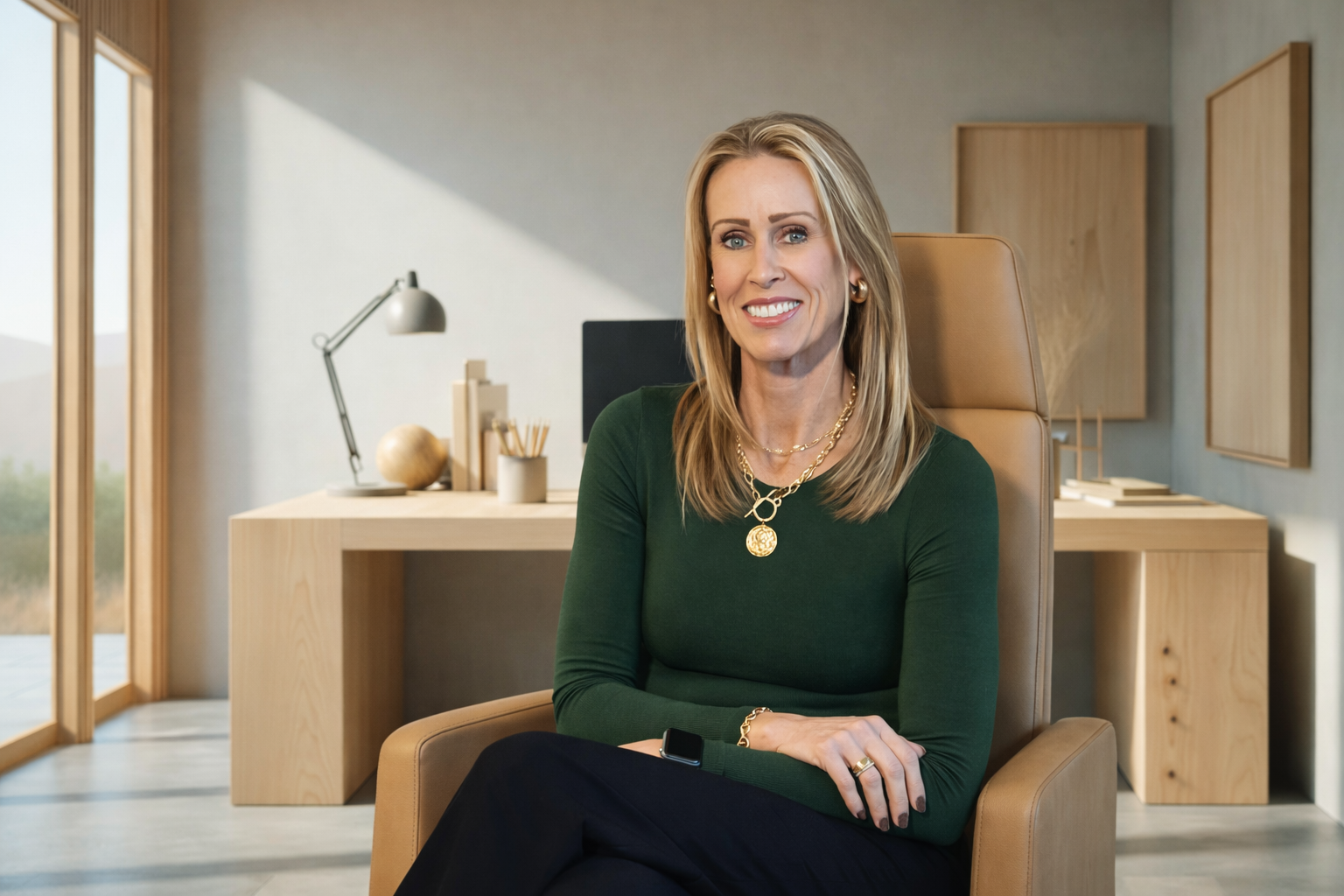 A smiling woman with blonde hair, wearing a green top and gold jewelry, sitting in a modern office with wooden furniture and large windows.