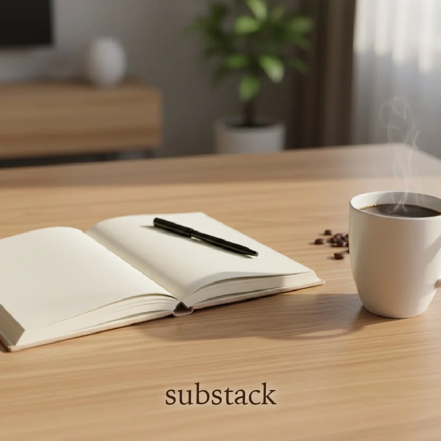 An open notebook with a black pen on top, a steaming cup of coffee, and some coffee beans on a wooden table, with a blurred background of a potted plant and sunlight coming through a window.