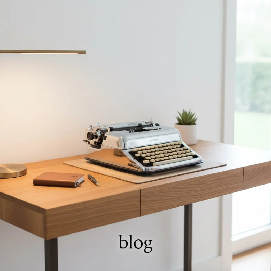 A vintage typewriter on a wooden desk, with a small potted plant, a notebook, and a pen, beside a modern lamp and a window in the background.