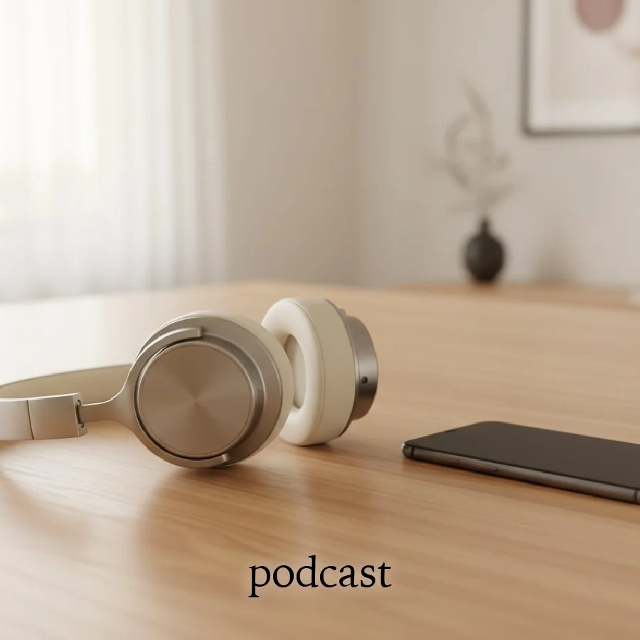 Over-ear headphones, a smartphone, and the word "podcast" on a wooden table in a cozy room with a vase and artwork in the background.