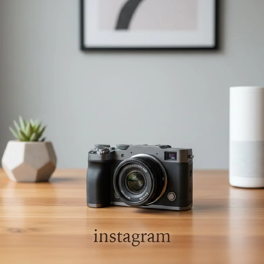 A camera on a wooden table with a small potted plant on the left and a white speaker on the right in a minimalistic room.