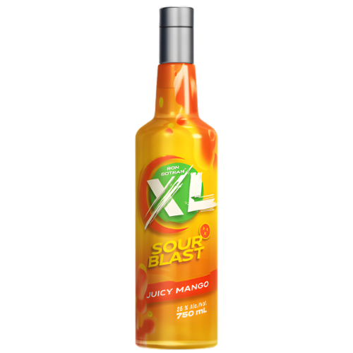 Bottle of XL Sour Blast Juicy Mango flavored beverage, 750 ml, with yellow and orange colors.