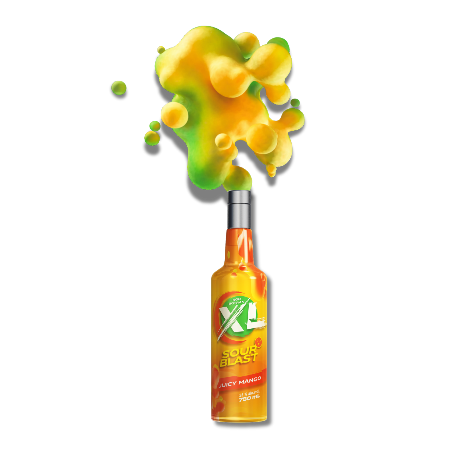 A bottle of sour apple flavored alcoholic beverage with colorful vapor or smoke coming out of the top, against a black background.