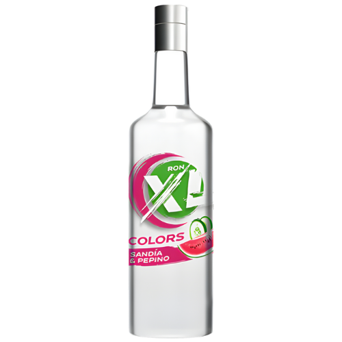 A clear bottle of Ron Xl Colors liquid with watermelon and cucumber flavor, featuring a silver cap and a label with pink, green, and watermelon imagery.