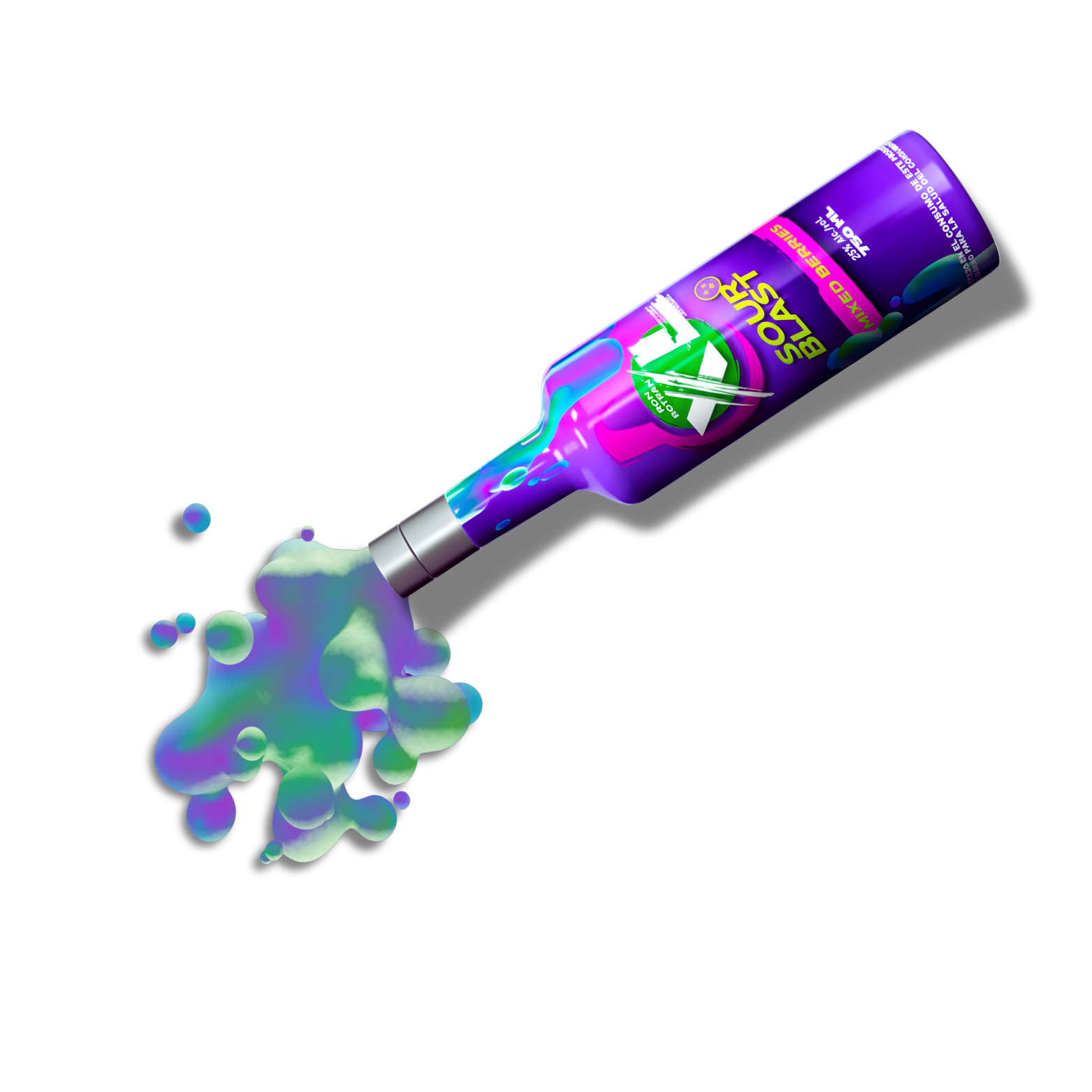 A purple bottle labeled 'Super Boost' pouring a colorful, bubbly liquid onto a black background.
