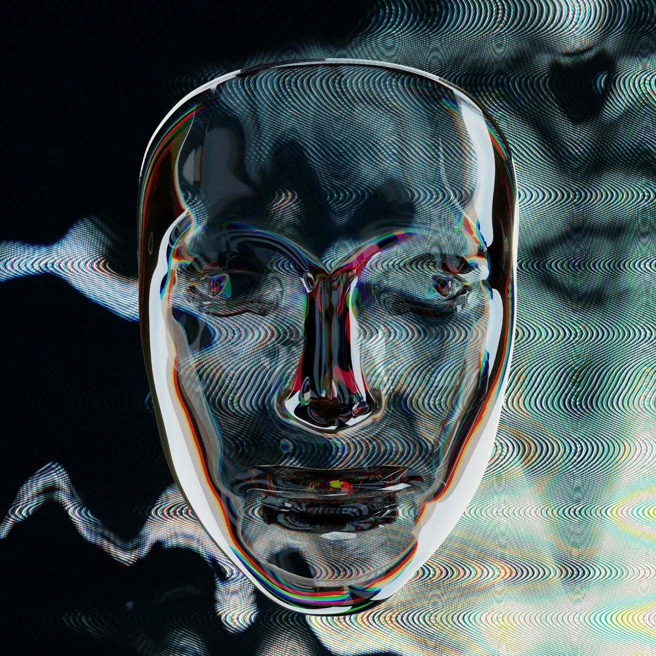 A digital, holographic-style face with distortions and colorful ripple effects, set against a dark, abstract background.