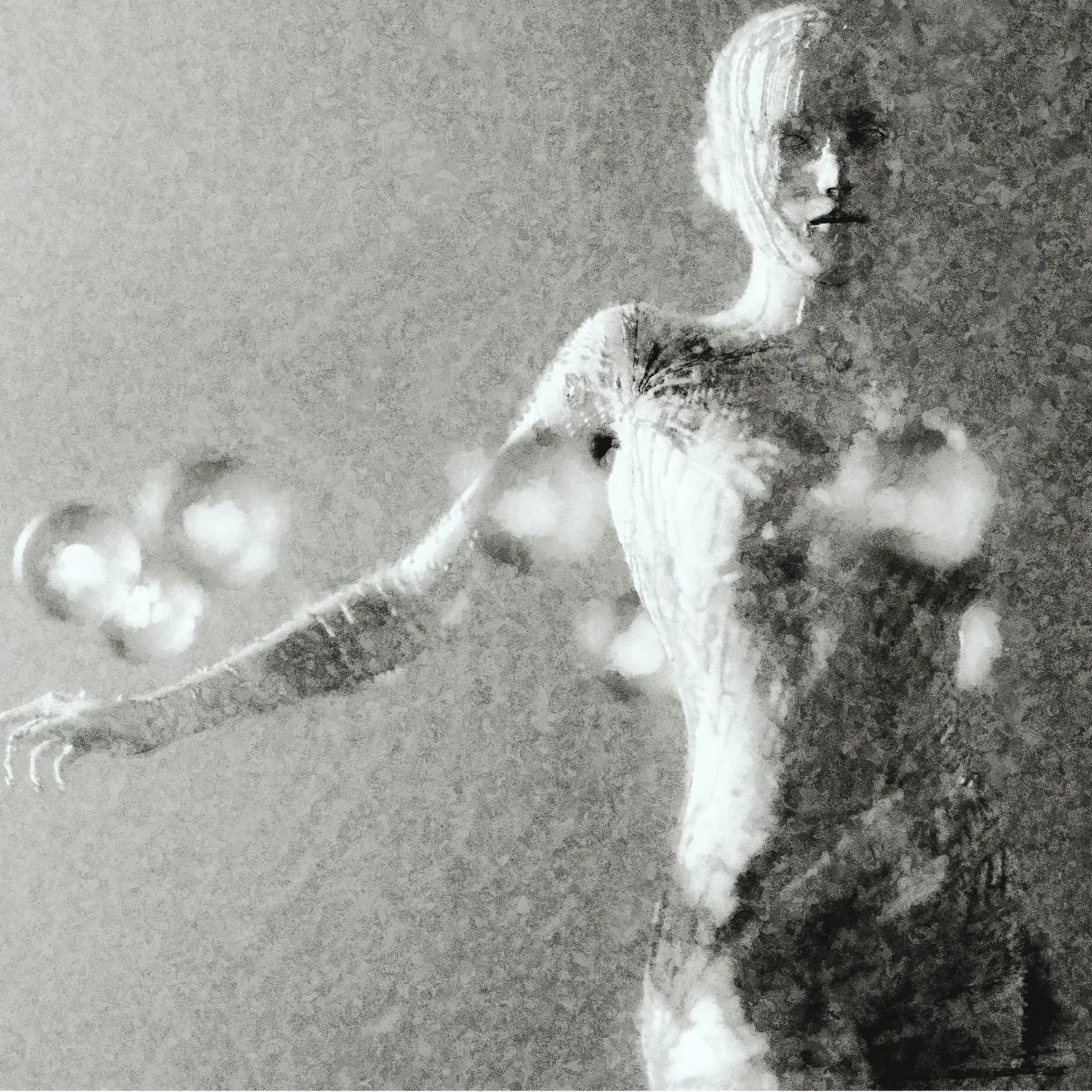 A woman with short hair extends her arm, with her face slightly turned to the side. The image is in black and white with a textured, grainy appearance.