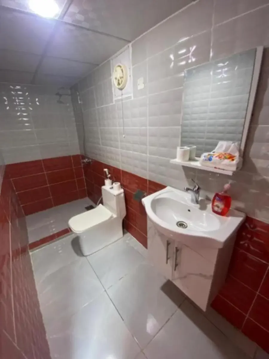 Small bathroom with gray and red tiled walls, a white toilet, a small white sink with a cabinet, a mirror above the sink, a shelf with toiletries, and a wall clock. The ceiling is plain with a visible light fixture.