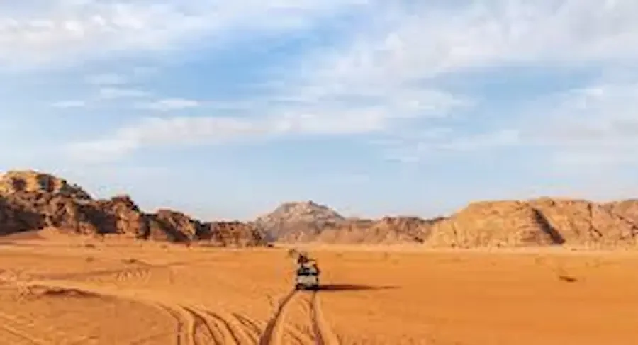 Wadi Rum desert landscape showing weather conditions and rocky mountains in Jordan