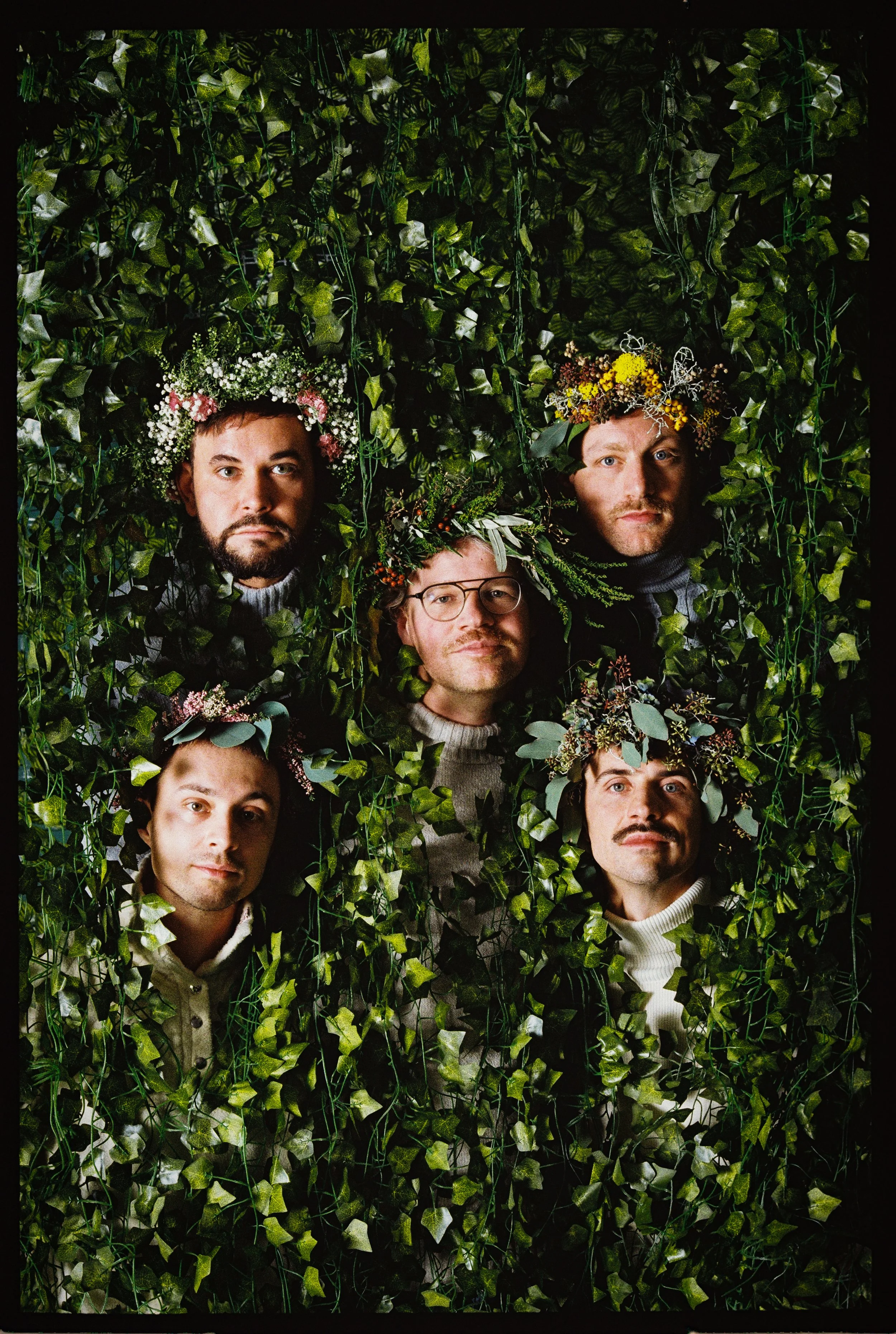Sechs Männer mit Blumenkränzen und Laubkränzen um den Kopf, hinter einem grünen, blätterbedeckten Hintergrund.