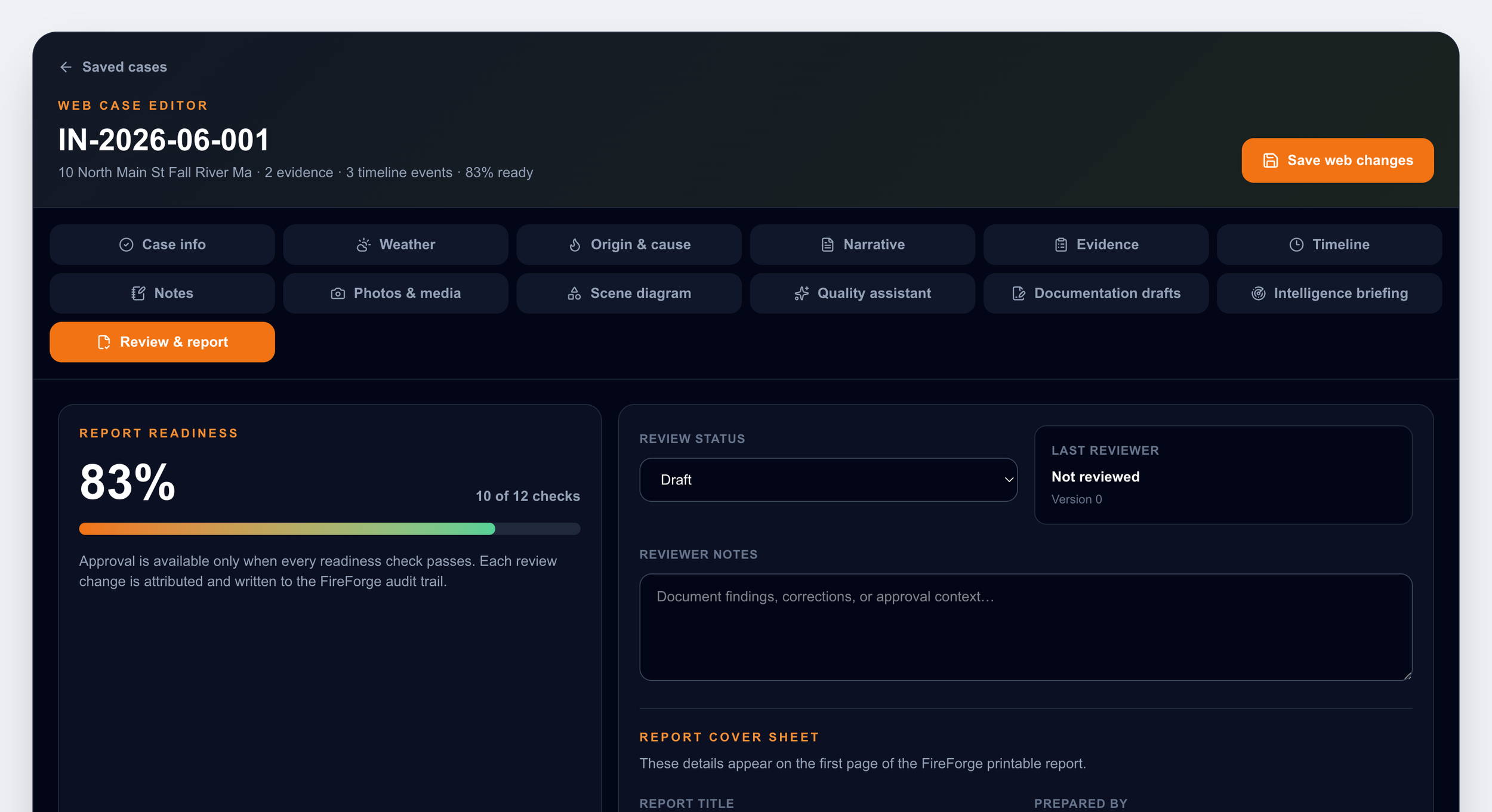 InfernoIntelAI web case editor showing report readiness, review status, and report controls.